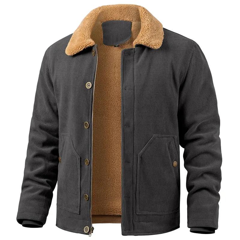 Men's Winter Corduroy Jacket Warm Fleece Lined Cargo Work Coat Casual Thick Sherpa Collar Trucker Deck Navy Jackets by Vimost Shop