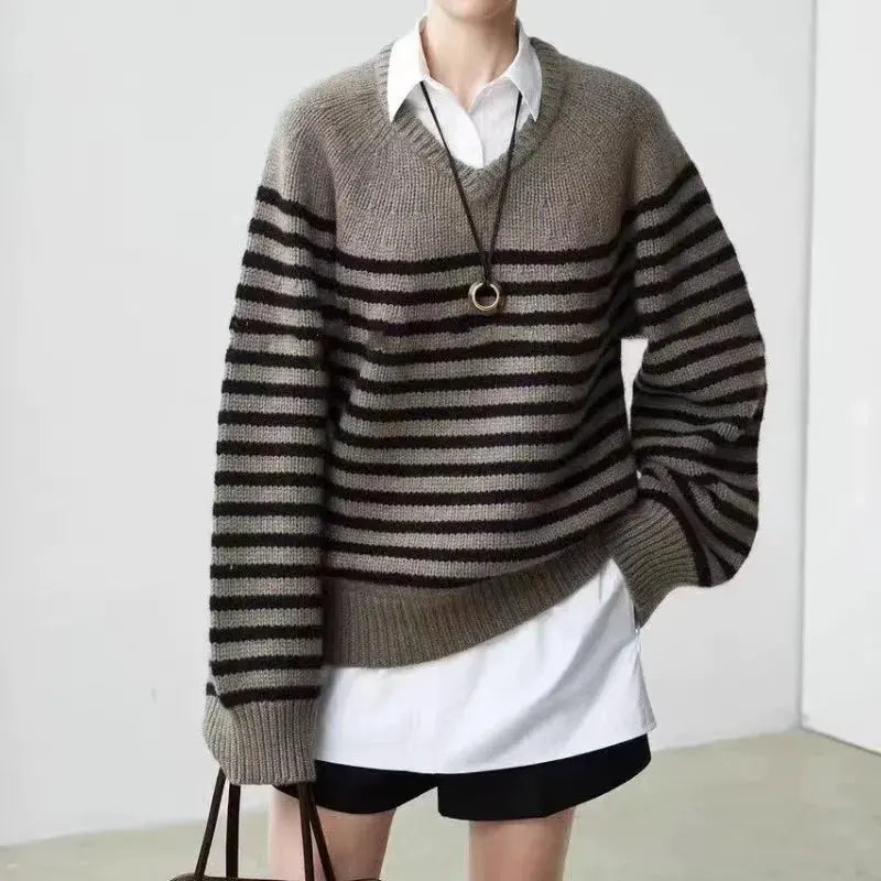 High-end V-neck striped 100% wool knitted sweater loose pullover sweater women wool base layer by Vimost Shop