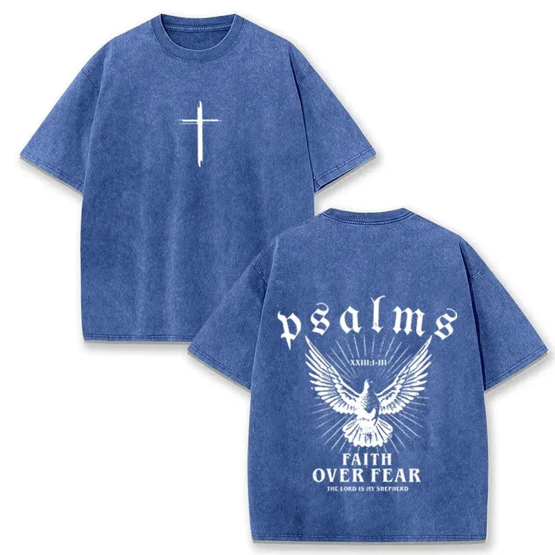 Retro Faith Over Fear T Shirt Psalms Dove Print Casual Washed Religious Streetwear by Vimost Shop
