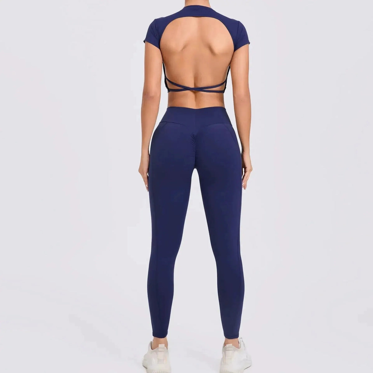 Cross Backless Sporty Set Women 2 Piece Sportswear Short Sleeve Training Suit for Fitness Yoga Wear Female Gym Workout Clothes by MAIDEN-ART