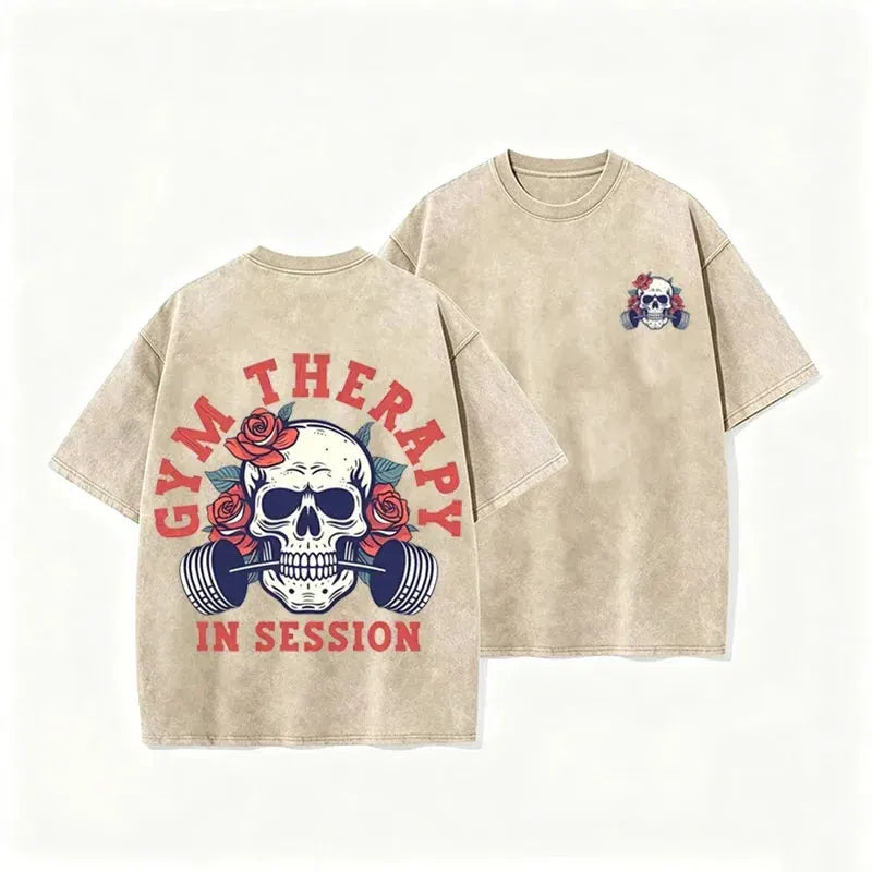 Gym Therapy In Session Skull Rose Print Vintage Washed Workout T Shirt by Vimost Shop