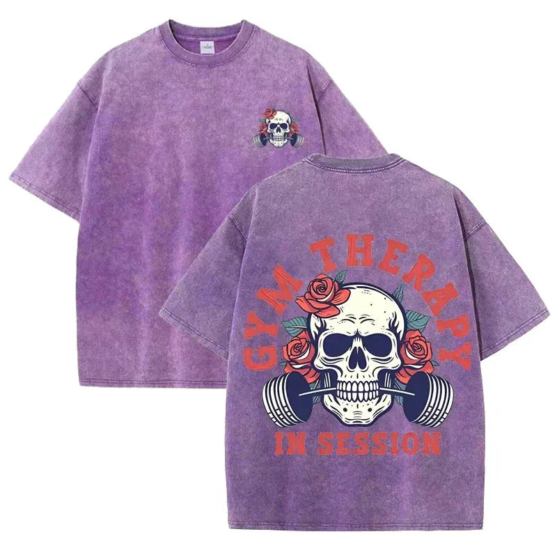 Gym Therapy In Session Skull Rose Print Vintage Washed Workout T Shirt by Vimost Shop