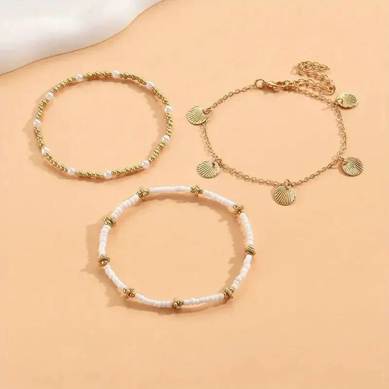 3pcs Retro Pearl Beads Anklet for Women Fashion Handmade Shell Butterfly On Foot Bracelet Bohemian Summer Beach Jewelry Gifts by Maiden-Art