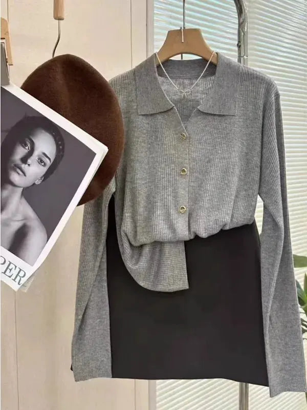 POLO lapel cashmere knit cardigan women's spring and autumn thin loose sweater short wool coat by Vimost Shop