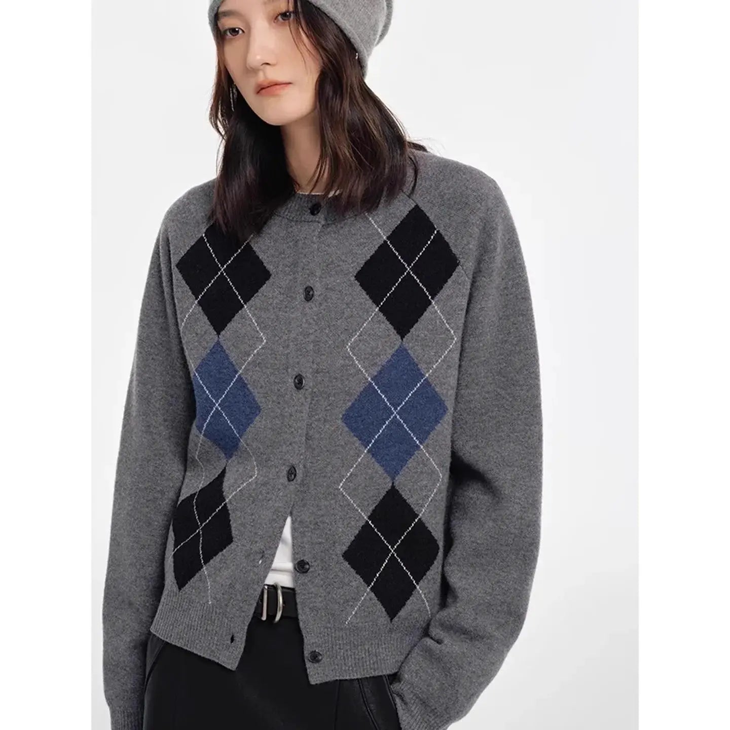 Autumn diamond-shaped cardigan women 100 pure cashmere sweater European high-end color-blocking knitted sweater coat by Vimost Shop