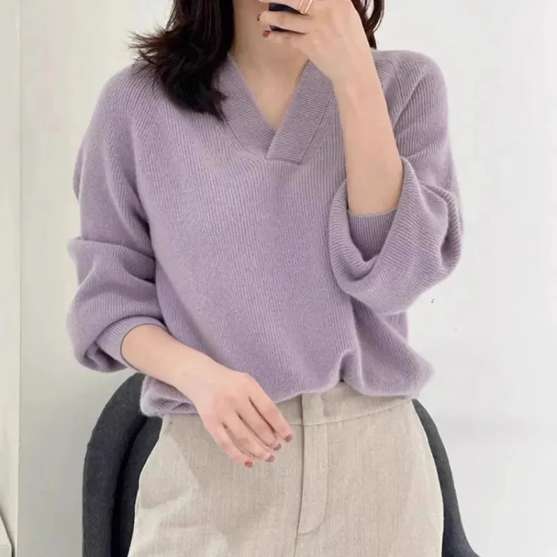 V-neck pure cashmere sweater women autumn and winter loose and versatile knitted sweater short wool base layer by Vimost Shop