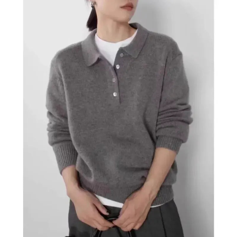 Elegant POLO semi-open neck 100%wool knitted sweater women loose long-sleeved base sweater autumn and winter by Vimost Shop