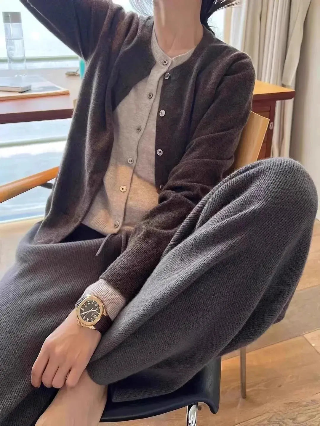 Fake two 100% pure cashmere sweater cardigan dark grey high-grade wool knit coat top by Vimost Shop