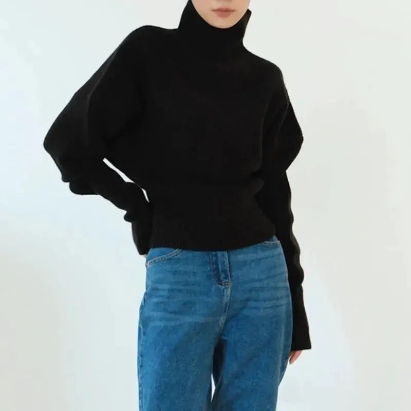 French retro high-neck pullover pure wool sweater women's short knitted base sweater waist-cinching and versatile top by Vimost Shop