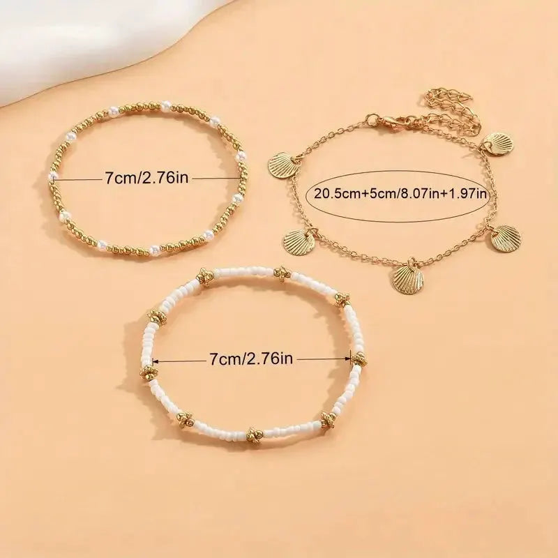 3pcs Retro Pearl Beads Anklet for Women Fashion Handmade Shell Butterfly On Foot Bracelet Bohemian Summer Beach Jewelry Gifts by Maiden-Art