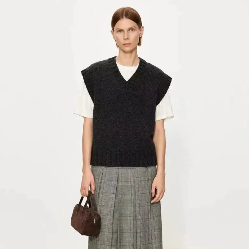 For autumn winter sleeveless vests stylish and loose with V-neck wool vests for layering Women's knitted sweaters and waistcoats by Vimost Shop