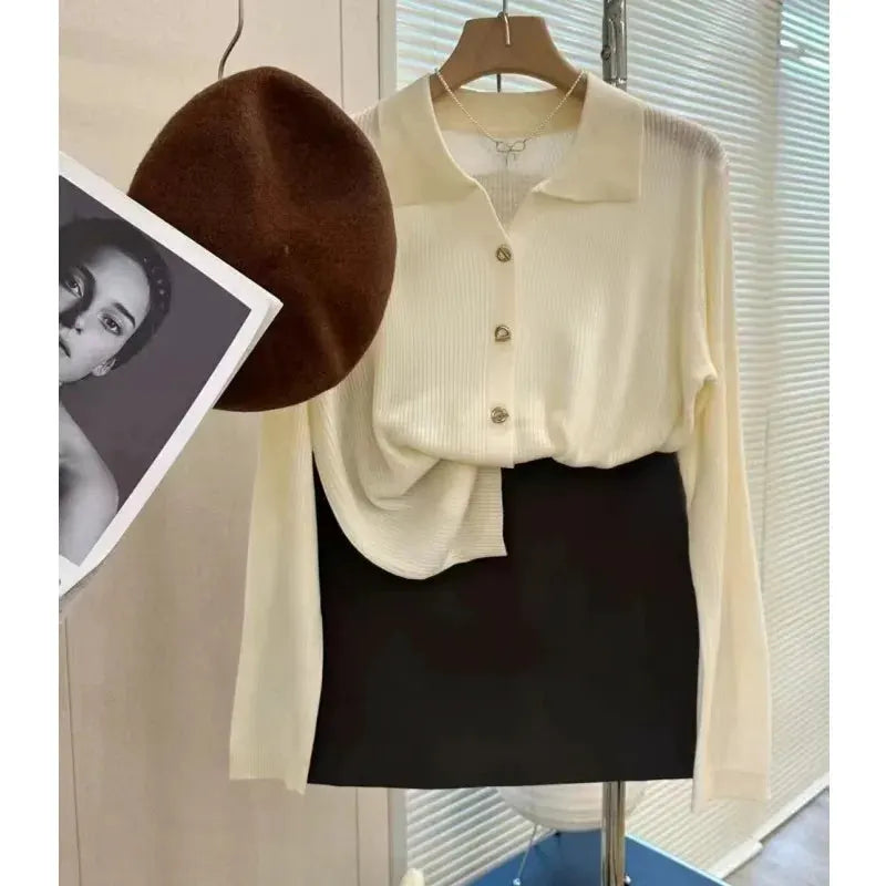 POLO lapel cashmere knit cardigan women's spring and autumn thin loose sweater short wool coat by Vimost Shop