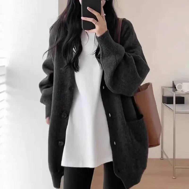 Elegant Versatile Round Neck Women's Autumn/Winter Loose Long-line Base Layer Sweater Wool Coat & Cashmere Knitted Cardigan by Vimost Shop