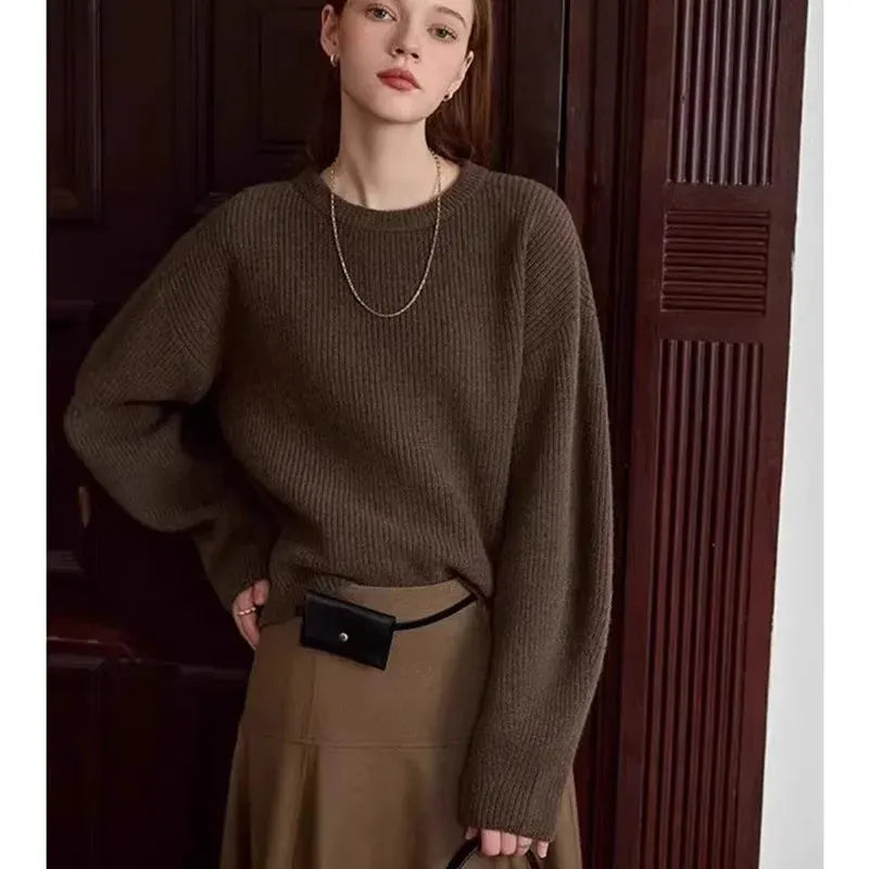Vintage thick cashmere knitwear women's fall/winter loose shoulder crew neck sweater base sweater by Vimost Shop