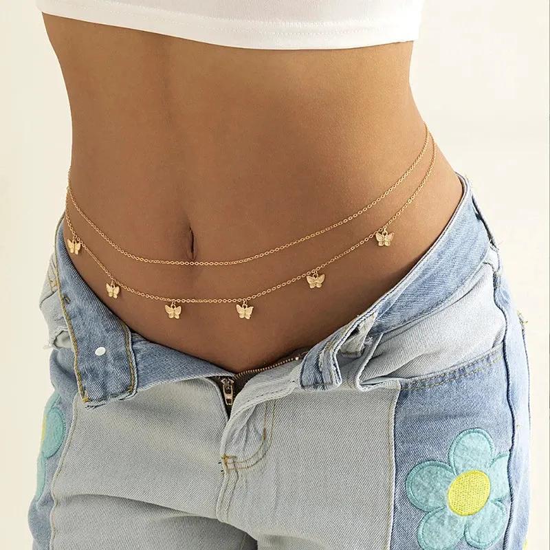 Sexy Double Thin Chain Women's Waist Chain Charming Butterfly Stainless Steel Belly Chain Summer Beach Bikini Body Jewelry by Maiden-Art