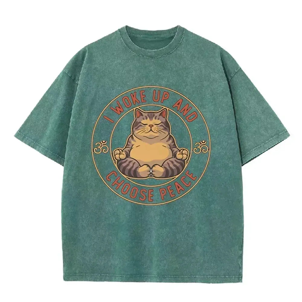 Retro Beige Zen Yoga Tabby Cat Om Symbol Acid Wash Oversized Streetwear Tee by Vimost Shop