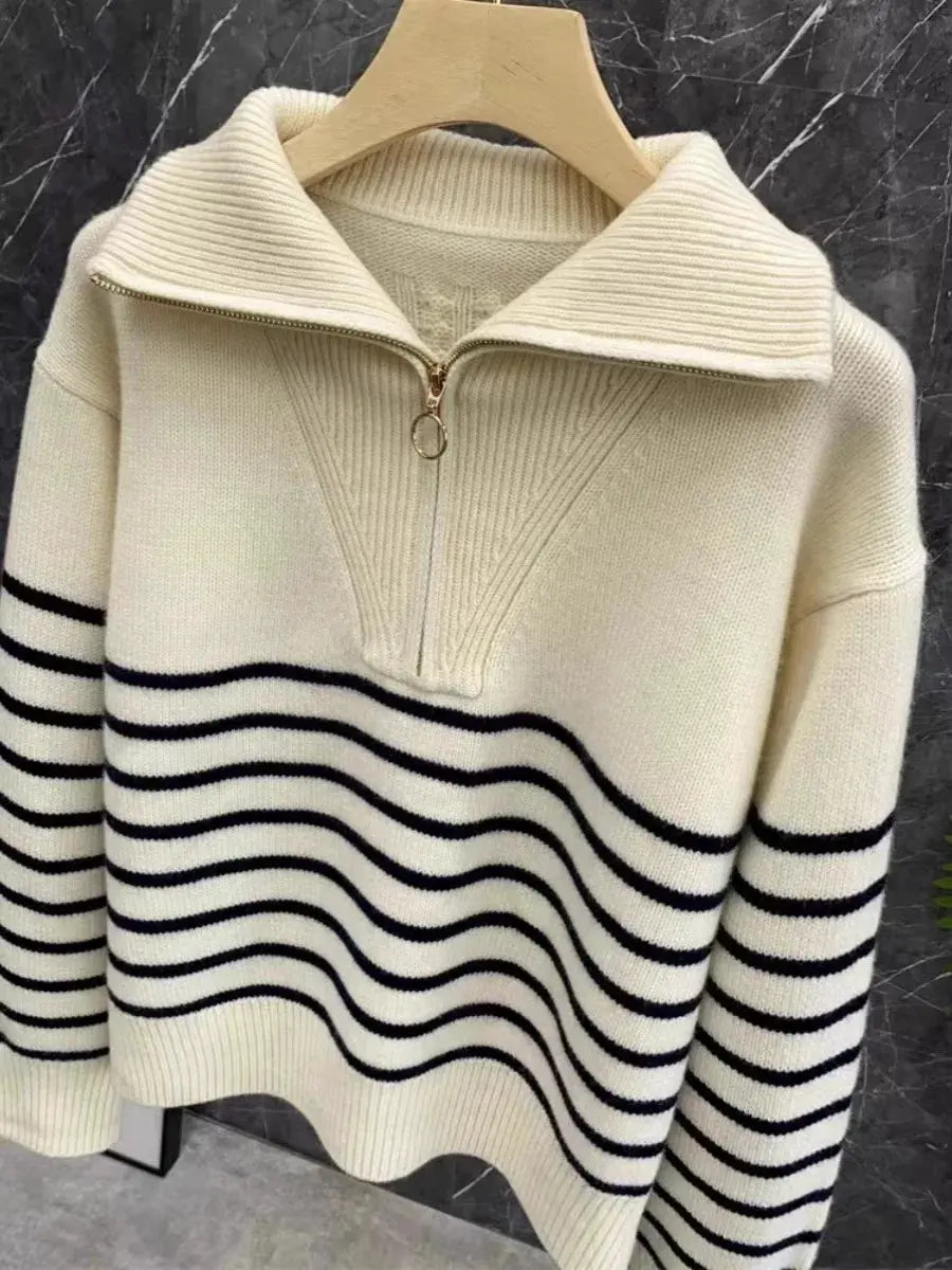 Autumn/Winter new classic striped zipper turtleneck + lapel 100% cashmere knit sweater women's bottom sweater by Vimost Shop