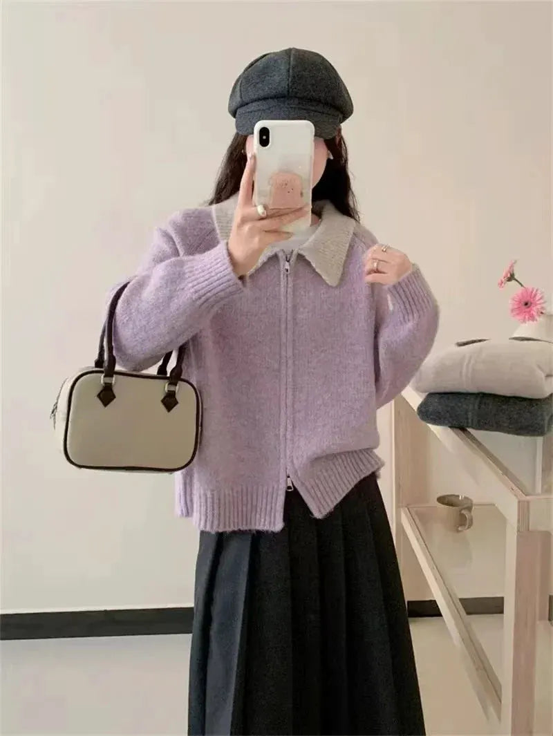 Color-blocked lapel 100% cashmere cardigan women's knitted sweater Loose sweater Wool sweater coat by Vimost Shop