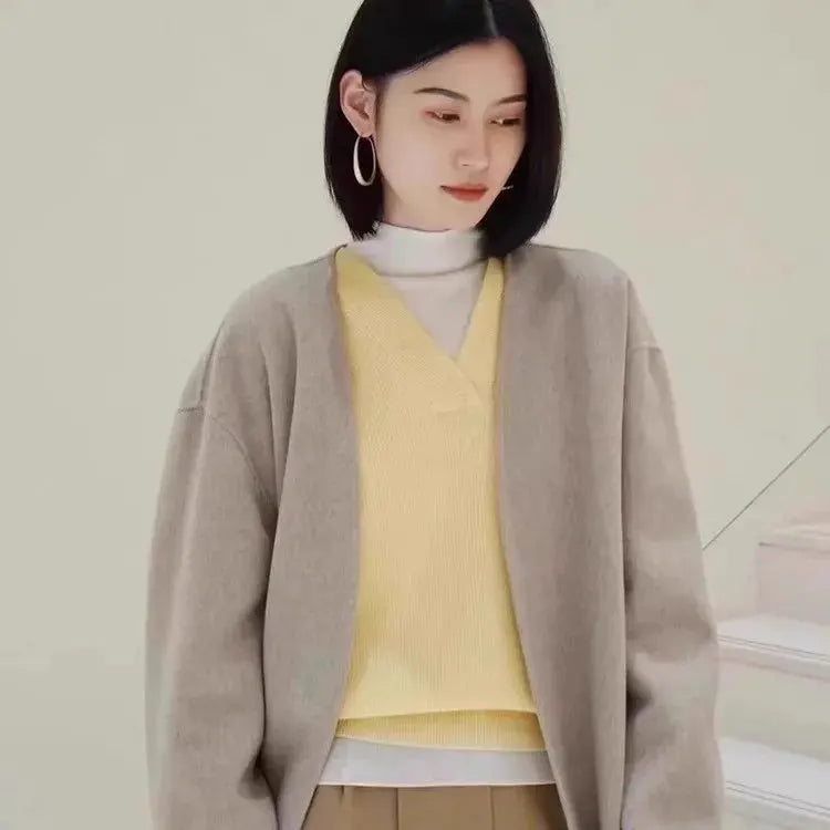 V-neck pure cashmere sweater women autumn and winter loose and versatile knitted sweater short wool base layer by Vimost Shop
