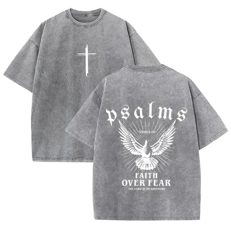 Retro Faith Over Fear T Shirt Psalms Dove Print Casual Washed Religious Streetwear by Vimost Shop