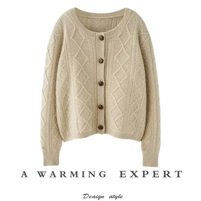 new autumn and winter cashmere twisted floral women's round neck cardigan sweater loose 100%wool by Vimost Shop