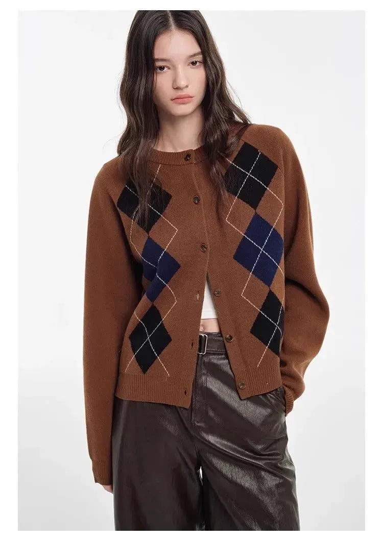 Autumn diamond-shaped cardigan women 100 pure cashmere sweater European high-end color-blocking knitted sweater coat by Vimost Shop