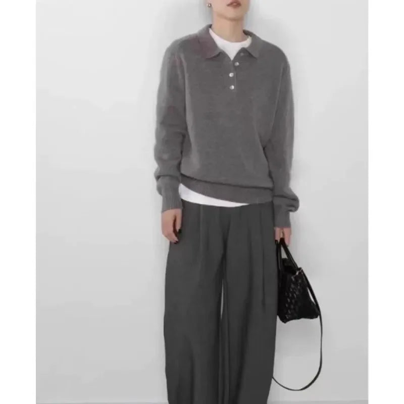 Elegant POLO semi-open neck 100%wool knitted sweater women loose long-sleeved base sweater autumn and winter by Vimost Shop
