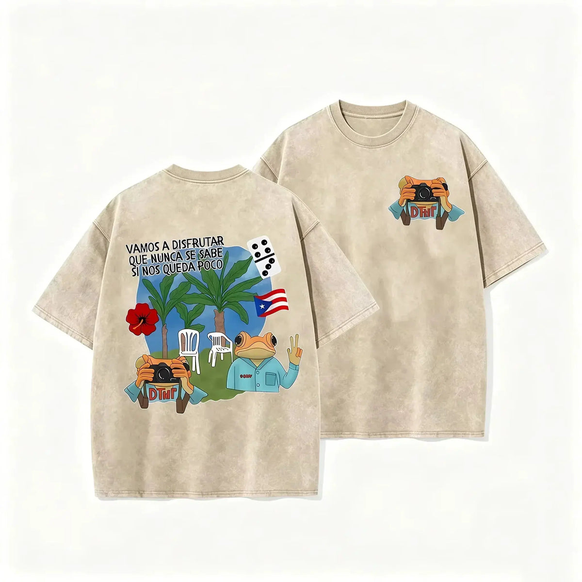 Puerto Rico Flag Frog Vamos A Disfrutar Quote Print Washed Beige Travel Lover T-shirt by Vimost Shop
