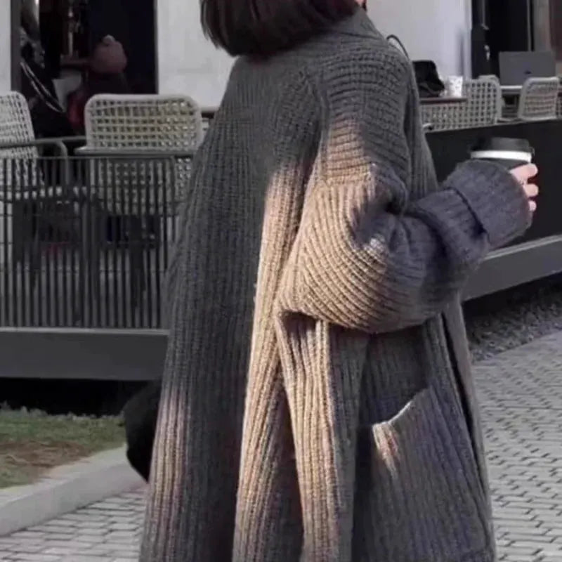 Autumn/Winter Thickened 100% Pure Wool Women's Turn-down Collar Knitted Cardigan Loose Sweater Coat Top Mid-long Length by Vimost Shop