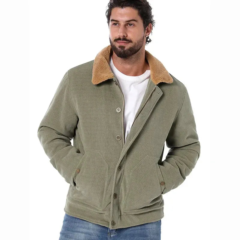 Men's Winter Corduroy Jacket Warm Fleece Lined Cargo Work Coat Casual Thick Sherpa Collar Trucker Deck Navy Jackets by Vimost Shop