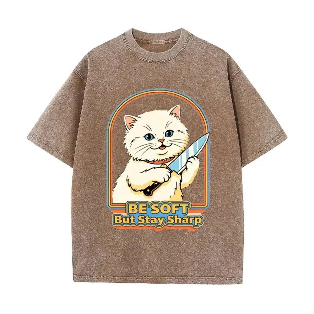 Vintage Washed Purple Be Soft But Stay Sharp Knife Cat Retro Casual Graphic T Shirt by Vimost Shop
