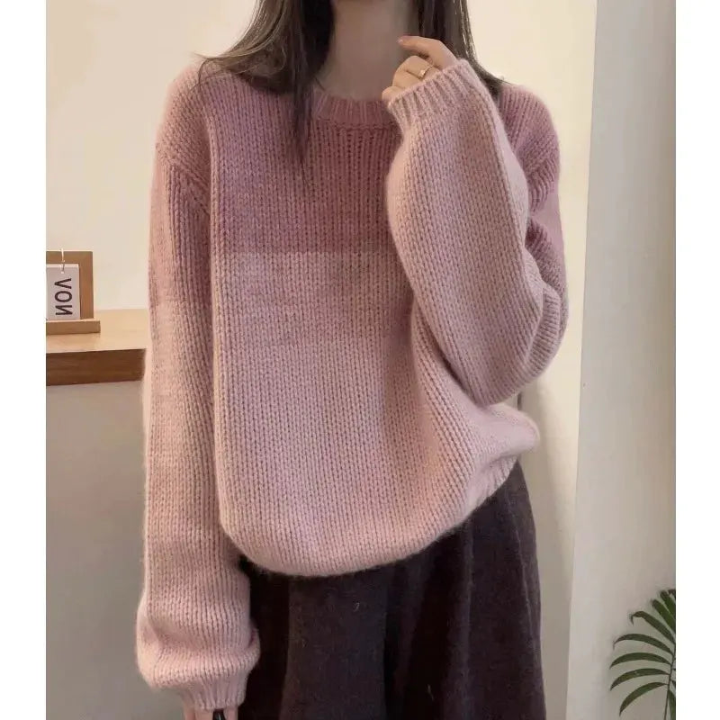 Crew-neck matching striped cashmere sweater women's long-sleeved autumn/winter loose wool base sweater by Vimost Shop