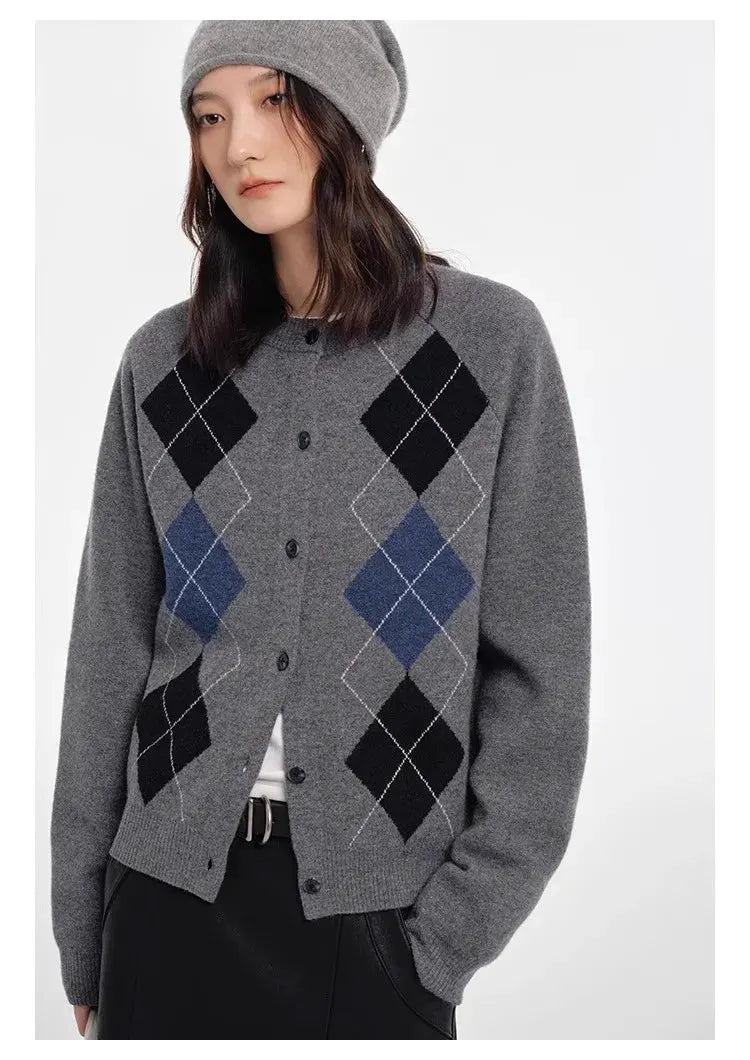 Autumn diamond-shaped cardigan women 100 pure cashmere sweater European high-end color-blocking knitted sweater coat by Vimost Shop