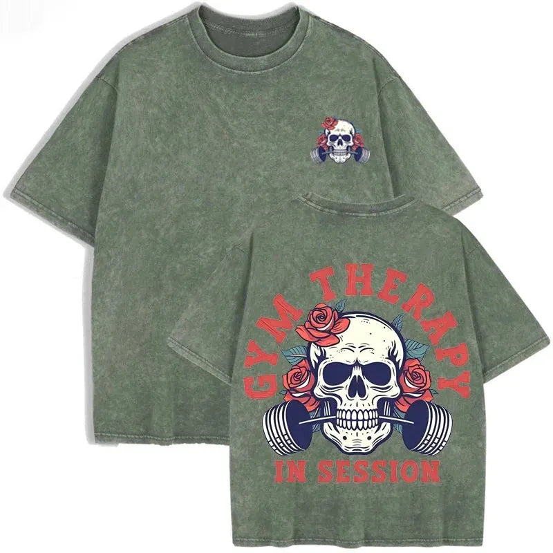 Gym Therapy In Session Skull Rose Print Vintage Washed Workout T Shirt by Vimost Shop