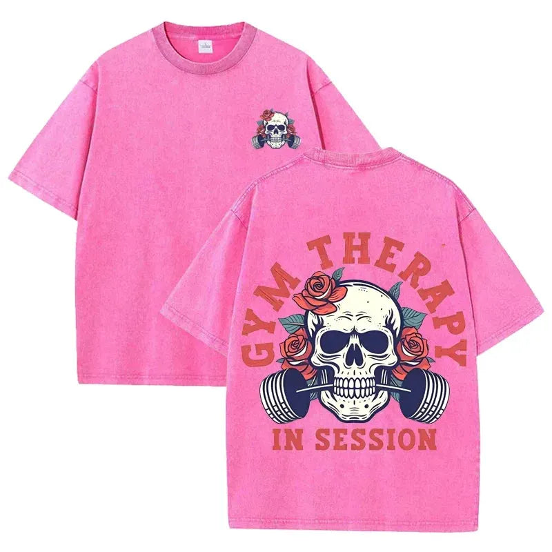 Gym Therapy In Session Skull Rose Print Vintage Washed Workout T Shirt by Vimost Shop