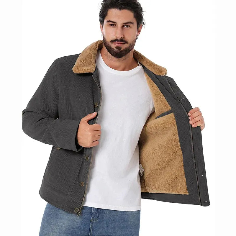 Men's Winter Corduroy Jacket Fleece Warm Lined Cargo Work Jacket Casual Thick Sherpa Collar Trucker Deck Navy Coats by Vimost Shop