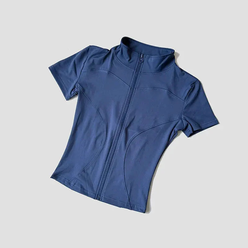 Women’s Slim Fit Short Sleeve Yoga Top with Stand Collar Zip Front by Vimost Shop