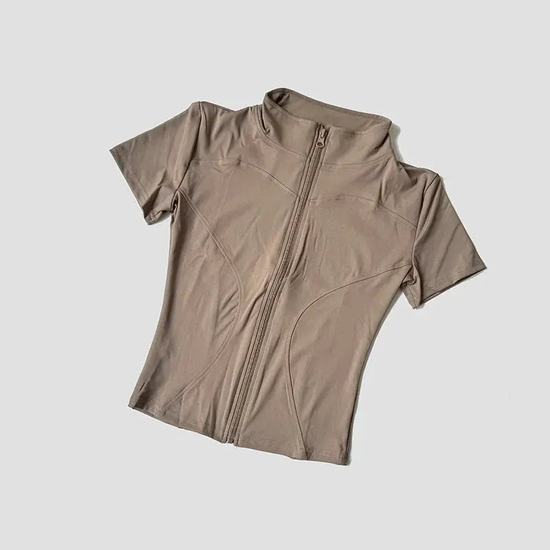 Women’s Slim Fit Short Sleeve Yoga Top with Stand Collar Zip Front by Vimost Shop