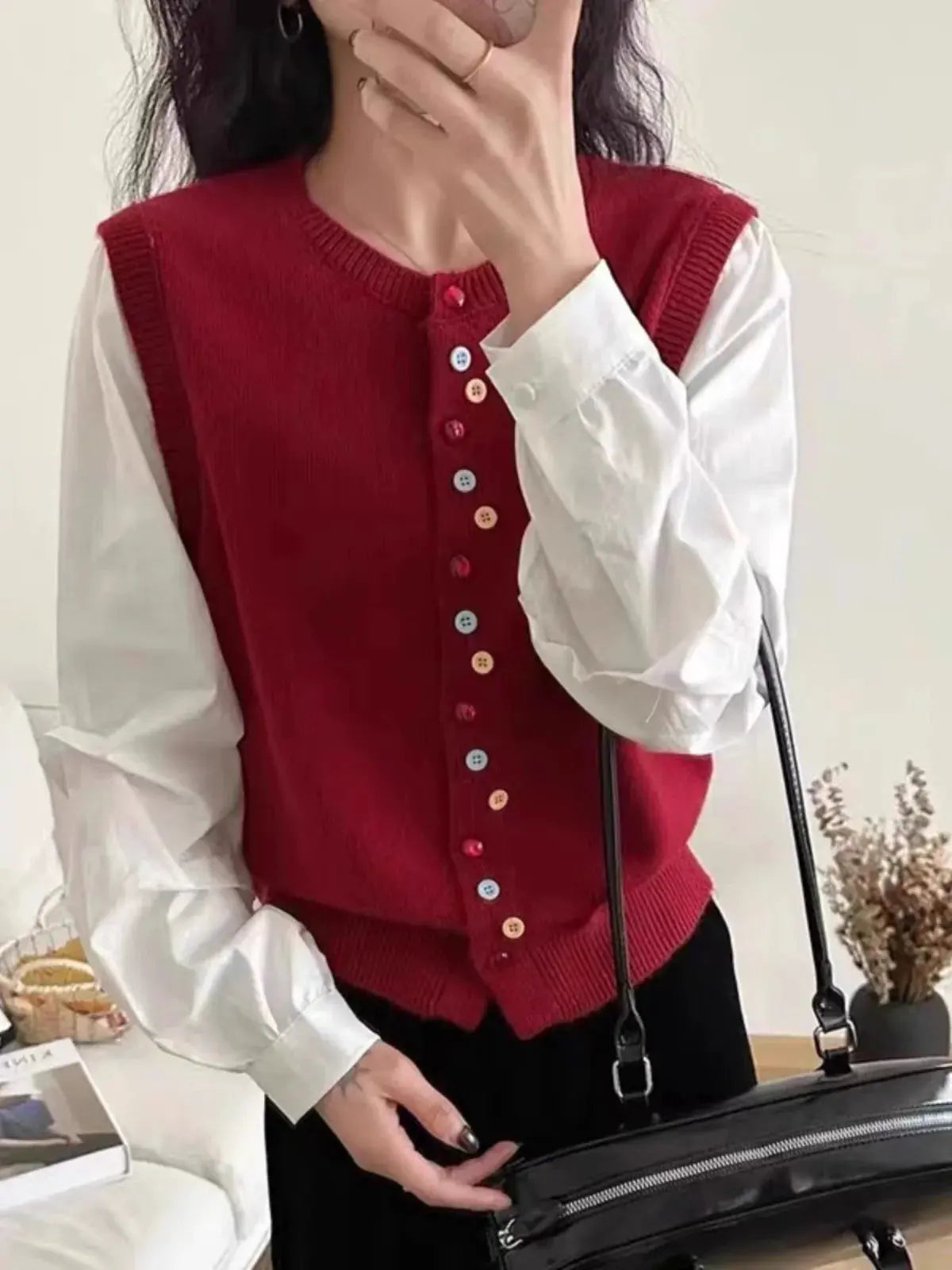European goods color button cashmere knit vest cardigan women spring and autumn new round neck sleeveless sweater vest by Vimost Shop