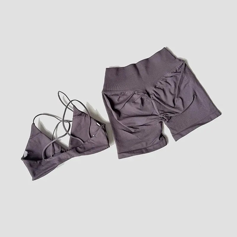 Women’s 2-Piece Gym Set – Strappy Twist Sports Bra & Cross Waist Ruched Shorts by Vimost Shop