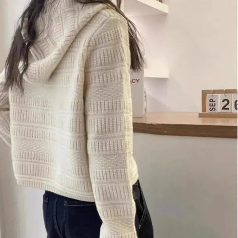 Autumn and Winter Thickened 100% Pure Wool Women's Hooded Knit Cardigan Loose Sweater Coat with Double Zippers Short Style by Vimost Shop