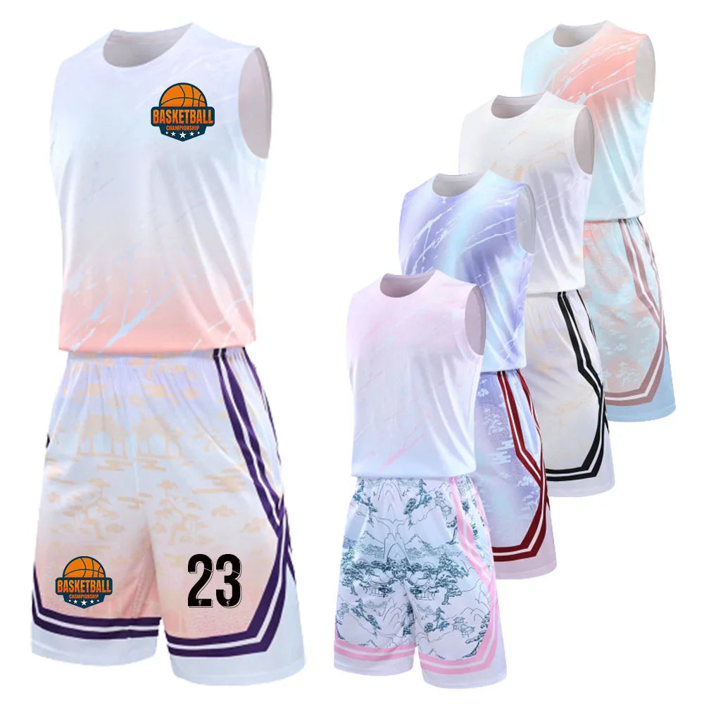 Kids Mens Custom Basketball Jersey Set Gradient Print Quick Dry Vest and Shorts Personalized Uniform by Vimost Shop