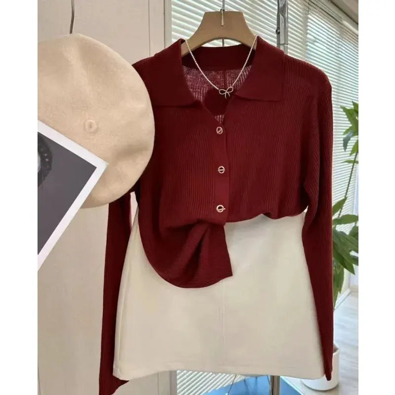 POLO lapel cashmere knit cardigan women's spring and autumn thin loose sweater short wool coat by Vimost Shop