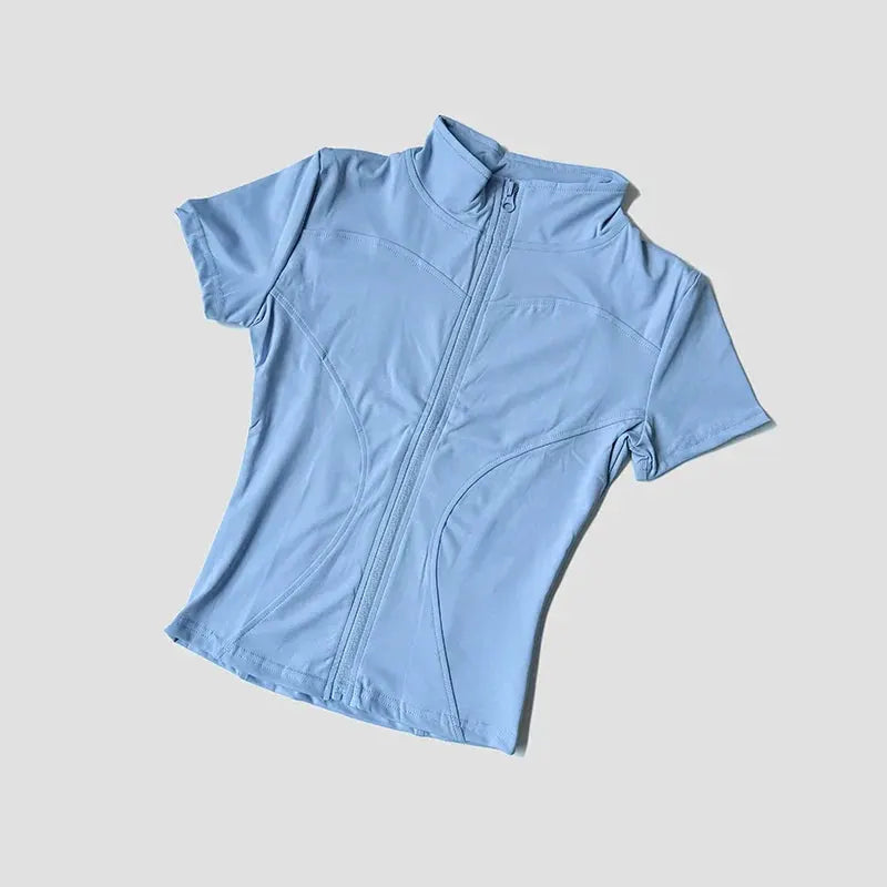 Women’s Slim Fit Short Sleeve Yoga Top with Stand Collar Zip Front by Vimost Shop