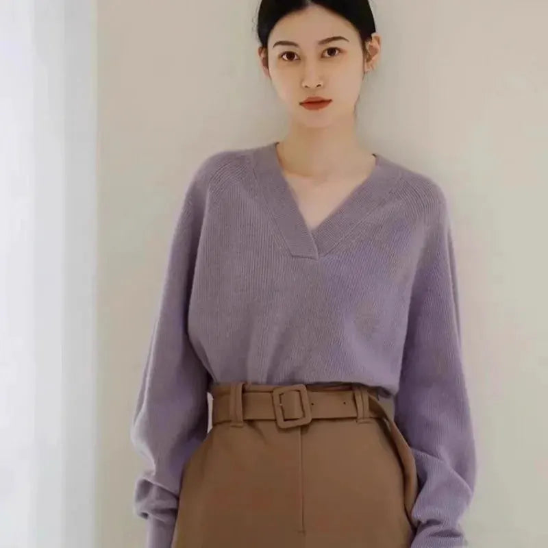 V-neck pure cashmere sweater women autumn and winter loose and versatile knitted sweater short wool base layer by Vimost Shop
