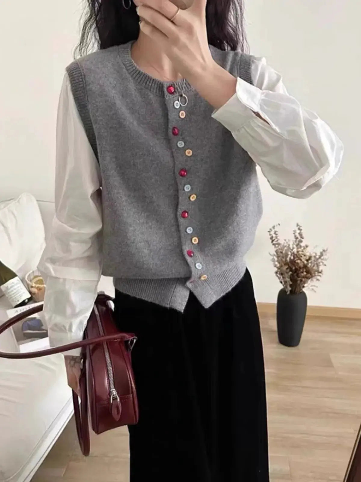 European goods color button cashmere knit vest cardigan women spring and autumn new round neck sleeveless sweater vest by Vimost Shop