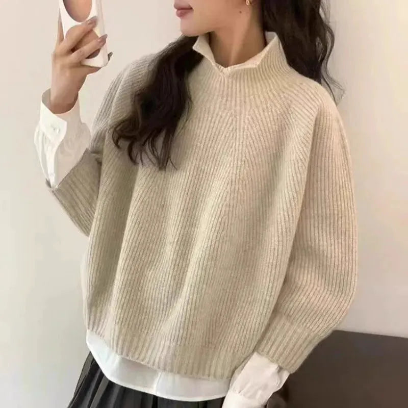 Half-open high-neck three-quarter sleeve cashmere sweater women loose cashmere sweater for autumn and winter thickened sweater by Vimost Shop
