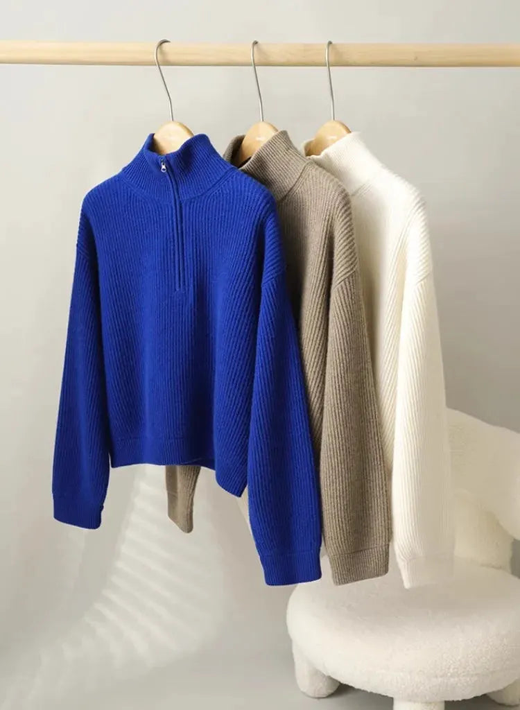 100% pure cashmere sweater women's half zip stand collar thick loose lapel pullover sweater by Vimost Shop