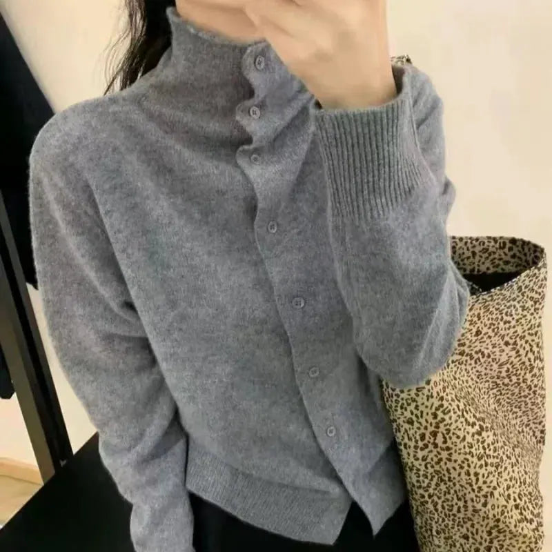 French-style high-neck 100 pure cashmere knitted cardigan for women's autumn and winter loose sweater with wool base coat by Vimost Shop