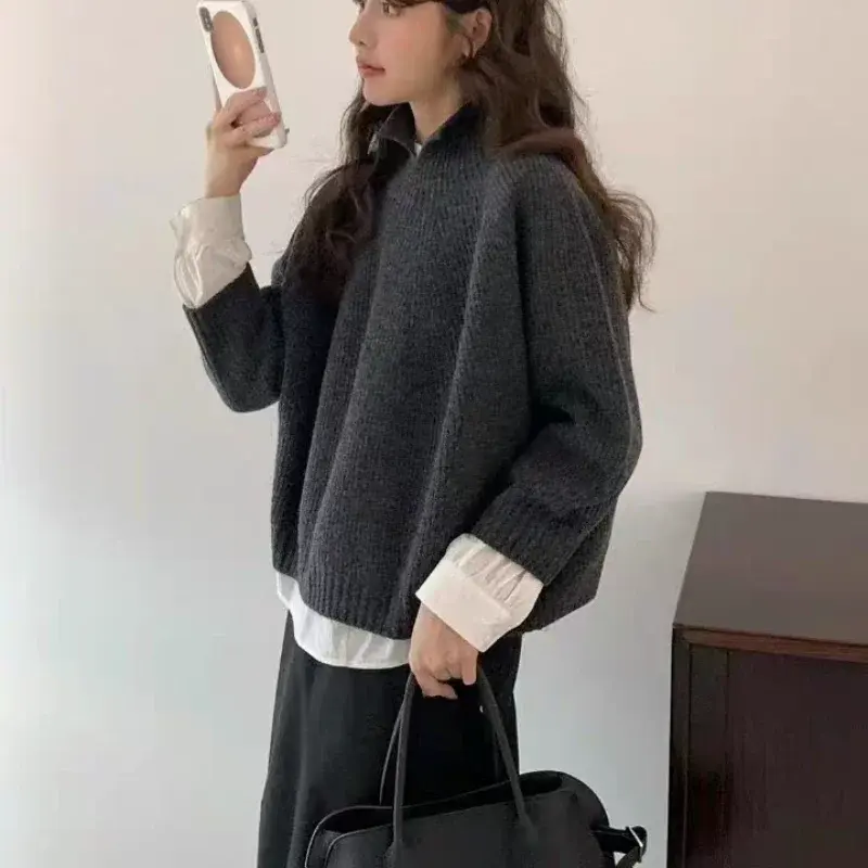 Half-open high-neck three-quarter sleeve cashmere sweater women loose cashmere sweater for autumn and winter thickened sweater by Vimost Shop